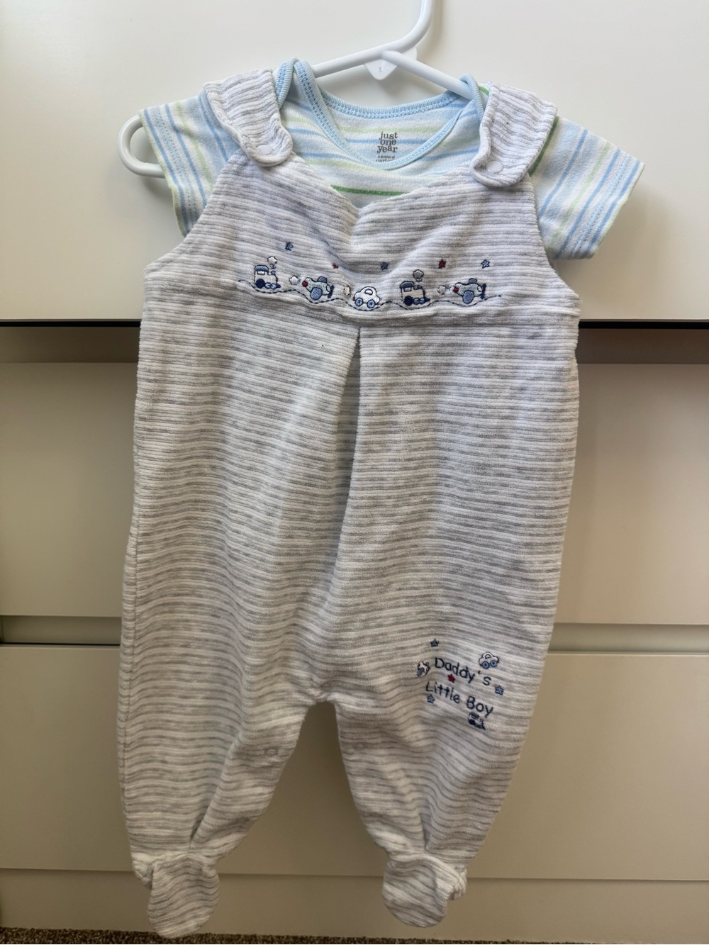 Train Striped Gray & Blue Baby Romper Set